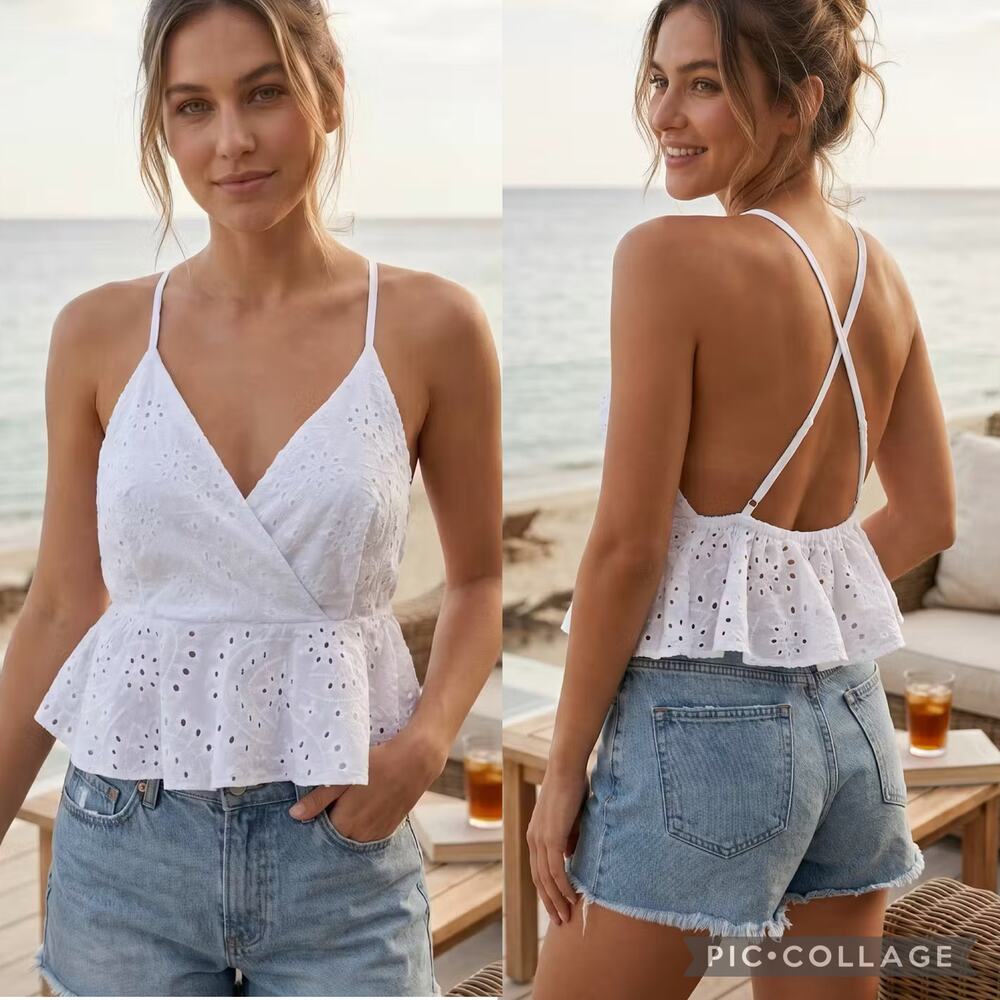 White Broderie Anglaise Eyelet Peplum crop Top Babydoll summer Cami - Large